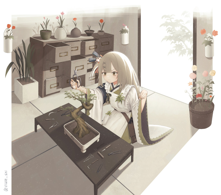 1girl apron bandaid bandaid_on_hand bangs blunt_bangs bonsai cabinet commentary drawer english_commentary flower girls'_frontline_neural_cloud girls_frontline green_eyes hair_ornament highres indoors japanese_clothes kimono light_brown_hair long_hair plant potted_plant pruning_shears sakuya_(girls'_frontline_nc) shears solo table tatami vialle wide_sleeves