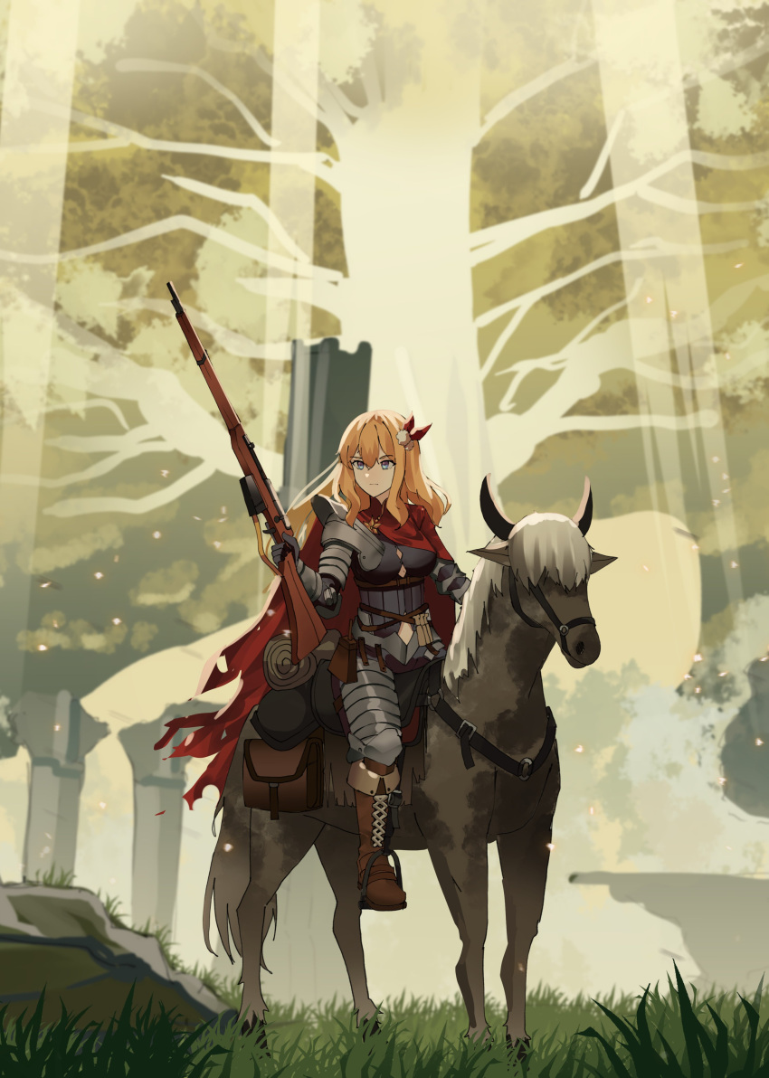 1girl absurdres armor bedroll bolt_action boots breasts brooch brown_footwear cape commentary commission cross-laced_footwear elden_ring english_commentary erdtree_(elden_ring) full_body gar32 gauntlets girls_frontline gun hair_ornament highres holding holding_gun holding_weapon horse horseback_riding jewelry knee_boots lace-up_boots long_hair medieval medium_breasts mosin-nagant mosin-nagant_(blade_of_white_steel)_(girls'_frontline) orange_hair pauldrons plate_armor red_cape riding rifle shoulder_armor single_pauldron solo_focus weapon