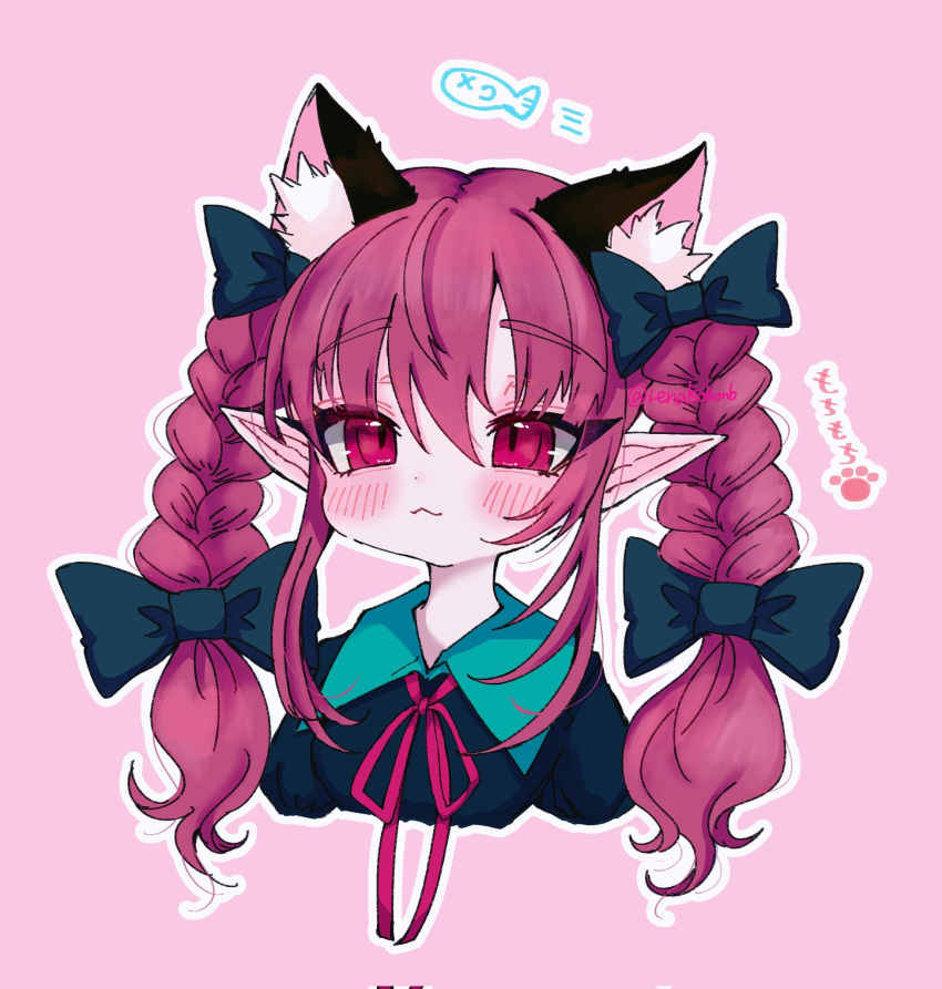 1girl :3 animal_ear_fluff animal_ears blush bow bowtie braid cat_day cat_ears dress extra_ears fish green_dress highres kaenbyou_rin outline paw_print pink_background pointy_ears puffy_sleeves red_bow red_bowtie red_eyes redhead renakobonb simple_background slit_pupils solo touhou twin_braids white_outline