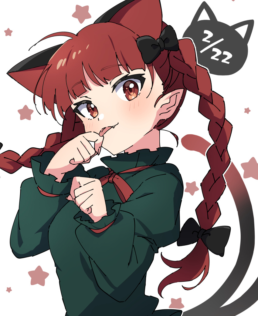 1girl absurdres animal_ears blush braid cat_day cat_ears cat_tail dated dress extra_ears fang fingernails green_dress highres kaenbyou_rin long_hair long_sleeves miz_(mizillustration) multiple_tails red_eyes redhead smile solo starry_background tail tongue tongue_out touhou twin_braids two_tails upper_body white_background