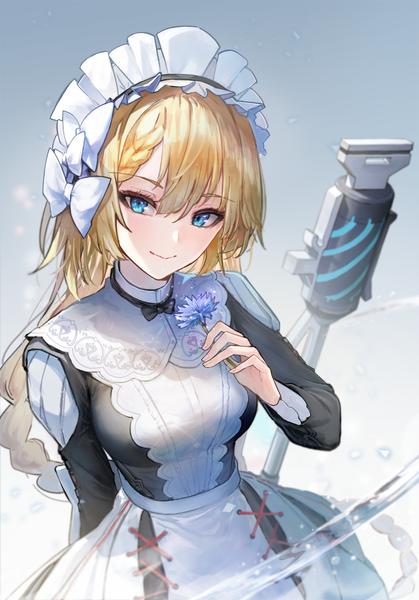 1girl arm_behind_back blonde_hair blue_eyes blue_flower braid centaureissi_(girls'_frontline_nc) commentary_request cowboy_shot dress flower frilled_dress frills g36_(girls'_frontline) girls'_frontline_neural_cloud girls_frontline hair_between_eyes highres holding holding_flower long_hair looking_at_viewer maid maid_headdress smile solo very_long_hair vikpie