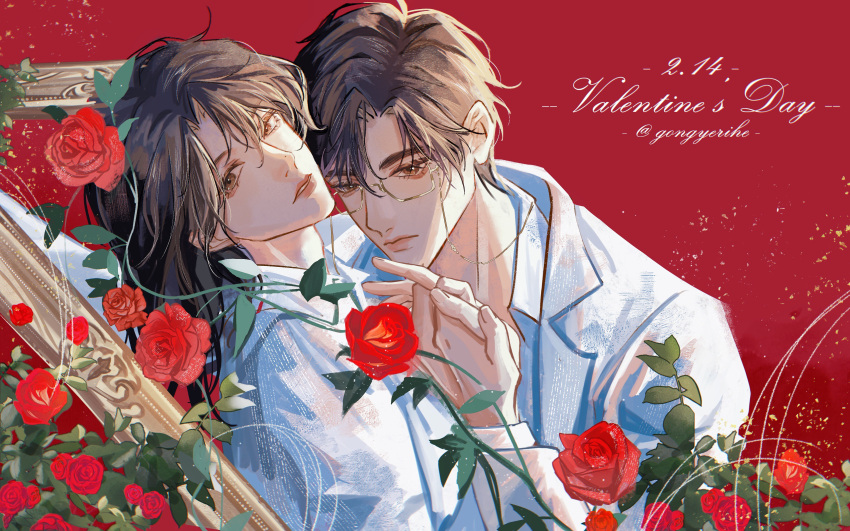 2boys absurdres brown_eyes brown_hair flower gongyerihe happy_valentine highres holding_hands i_only_like_your_character_settings interlocked_fingers looking_at_viewer multiple_boys own_hands_together red_flower red_rose rose short_hair xia_xiqing zhou_ziheng