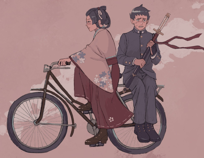 1boy 1girl 23011620x ace_attorney bangs_pinned_back bicycle black_eyes black_footwear black_hair black_jacket black_pants boots brown_footwear buttons closed_mouth cold fingerless_gloves floral_print from_side full_body gloves ground_vehicle hair_ribbon hair_rings hakama hakama_skirt highres holding jacket japanese_clothes katana kimono long_sleeves pants pink_kimono red_skirt ribbon riding riding_bicycle ryunosuke_naruhodo shoes short_hair simple_background single_fingerless_glove skirt susato_mikotoba sword the_great_ace_attorney updo weapon wide_sleeves