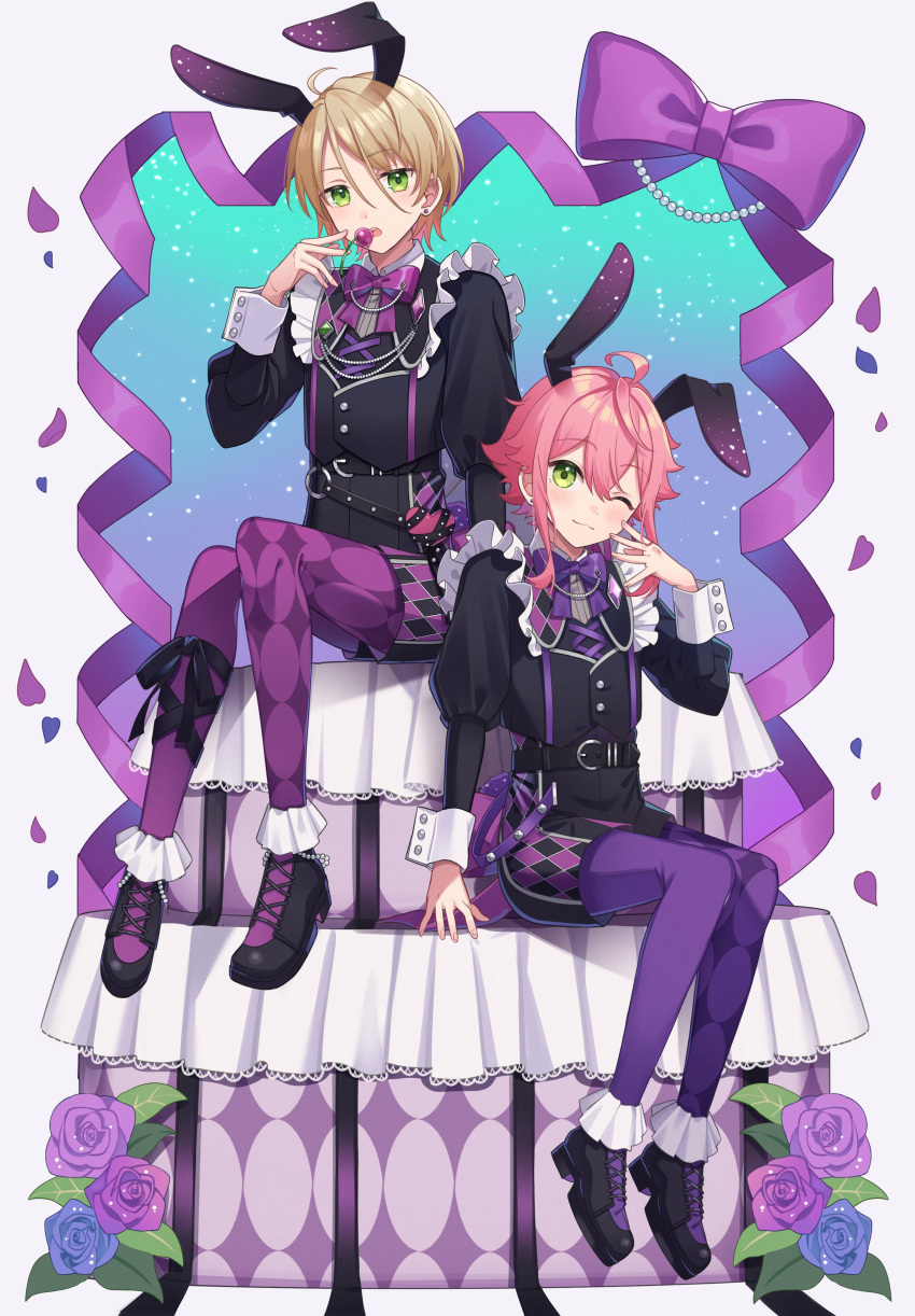 2boys absurdres ahoge animal_ears argyle argyle_legwear asymmetrical_legwear belt black_belt black_footwear black_ribbon black_shirt black_shorts blonde_hair blue_background blue_flower blue_rose blush bow bowtie chain closed_mouth commentary earrings ensemble_stars! fake_animal_ears flower frilled_shirt frills full_body gradient_background green_eyes hair_strand hand_up highres himemiya_tori jewelry leg_ribbon long_sleeves looking_at_viewer mismatched_legwear multiple_boys one_eye_closed open_mouth pantyhose photoshop_(medium) pink_hair purple_bow purple_bowtie purple_flower purple_pantyhose purple_ribbon purple_rose rabbit_ears ribbon rose shino_(sinotaro_) shiratori_aira_(ensemble_stars!) shirt short_hair short_hair_with_long_locks shorts sidelocks simple_background sitting smile symbol-only_commentary tablecloth tiered_table white_background