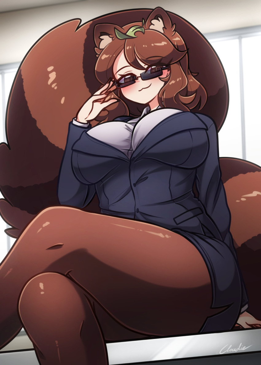 1girl brown_hair business_suit crossed_legs formal futatsuiwa_mamizou highres leaf leaf_on_head littlecloudie mib_mamizou office_lady pencil_skirt raccoon_tail skirt skirt_suit solo suit tail touhou