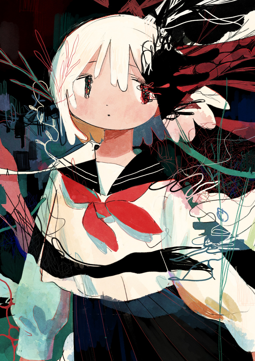 1girl abstract abstract_background absurdres bangs black_sailor_collar black_skirt closed_mouth commentary_request floating_hair hair_between_eyes highres long_sleeves looking_at_viewer neckerchief original pinpon_sakana pleated_skirt red_neckerchief sailor_collar sailor_shirt school_uniform serafuku shirt short_hair skirt solo standing tareme upper_body white_hair white_shirt