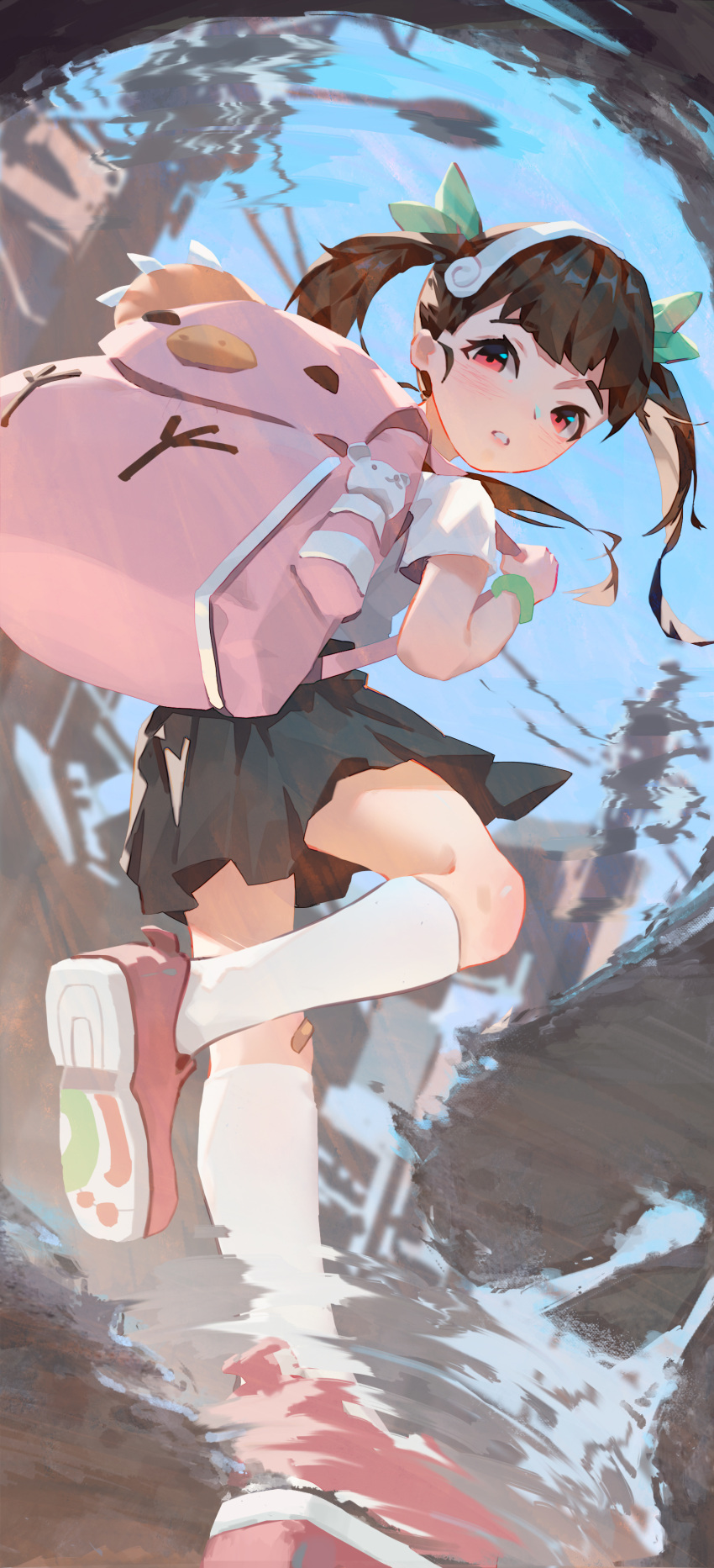 1girl absurdres backpack bag bandaid bandaid_on_knee bandaid_on_leg bangs black_hair black_skirt blue_sky blunt_bangs blush bracelet building commentary day from_above green_bracelet green_ribbon hachikuji_mayoi hair_ribbon hairband highres holding_strap jewelry kneehighs long_hair looking_at_viewer looking_back looking_down monogatari_(series) outdoors parted_lips pavement pink_bag pink_footwear pleated_skirt power_lines puddle raised_eyebrows red_eyes reflection ribbon shirt shoes short_sleeves skirt sky socks solo twintails utility_pole water white_hairband white_shirt white_socks yy-_-yy_(yaoyaoyeye)