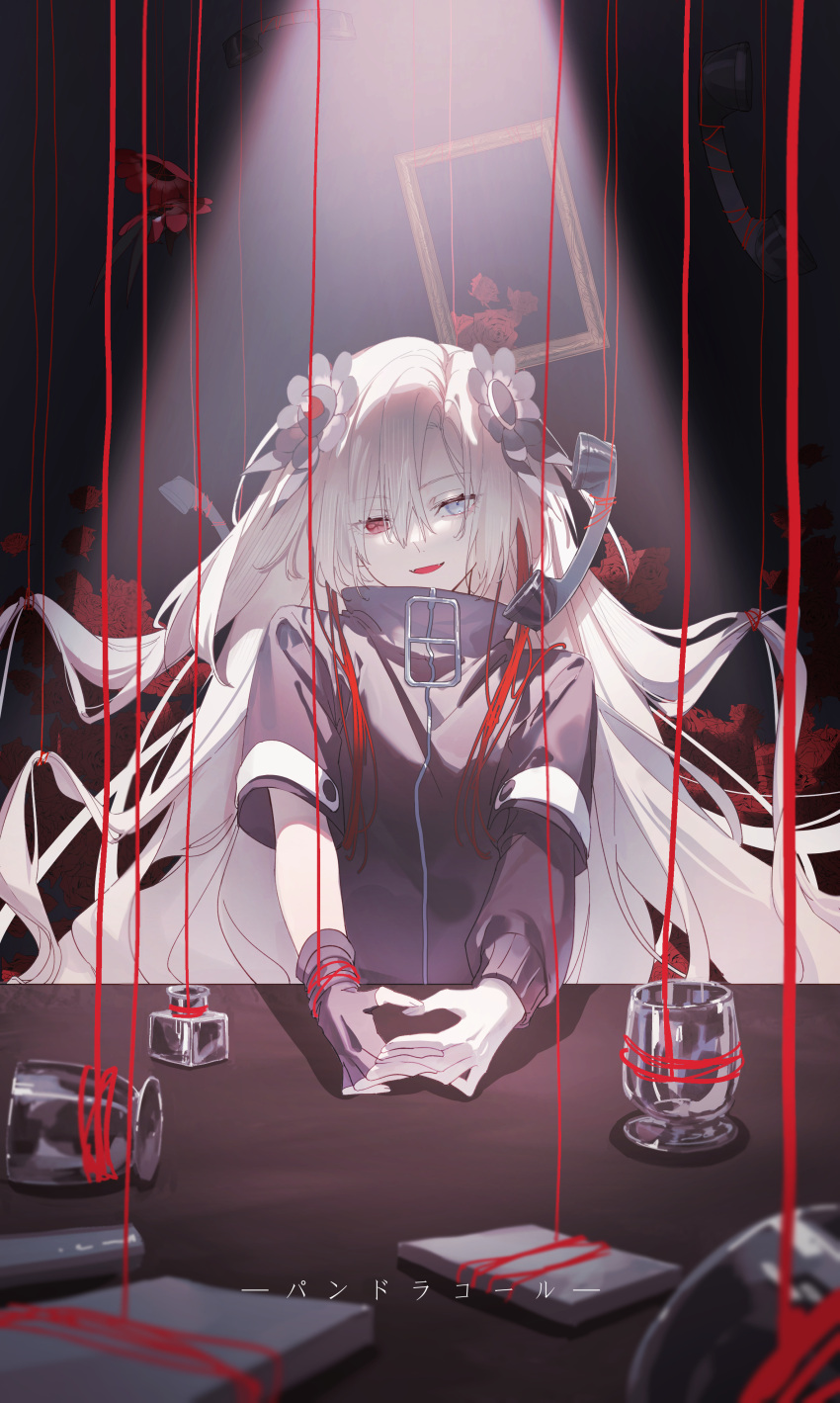 1girl absurdres anemone_(flower) asymmetrical_sleeves black_coat coat fangs fingerless_gloves flower glass gloves grey_eyes hair_flower hair_ornament hair_over_one_eye heterochromia highres isekai_joucho kamitsubaki_studio long_hair looking_at_viewer multicolored_hair open_mouth own_hands_together phone picture_frame red_eyes red_flower red_rose redhead rose single_fingerless_glove single_glove smile solo song_name string two-tone_hair upper_body very_long_hair virtual_youtuber walluka white_hair