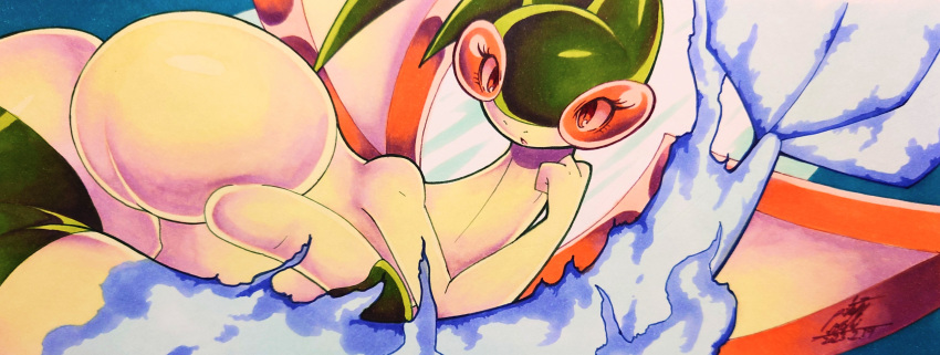 025aki absurdres animal_focus artist_name aura clenched_hand commentary dated dragon dragon_tail_(pokemon) eyelashes flygon hand_up highres no_humans open_mouth pokemon pokemon_(creature) pokemon_move red_eyes signature solo traditional_media