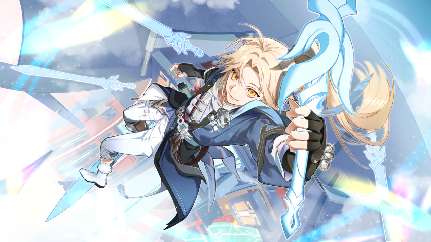 1boy absurdres androgynous armor blonde_hair highres holding holding_sword holding_weapon honkai:_star_rail honkai_(series) japanese_armor jewelry kote male_focus metal multiple_swords pants ponytail smile sword wago weapon white_footwear yanqing_(honkai:_star_rail) yellow_eyes