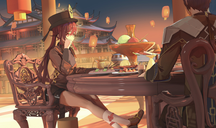 1boy 1girl absurdres architecture bangs black_headwear breasts brown_hair chair chewing chinese_clothes chinese_commentary chopsticks east_asian_architecture flower-shaped_pupils food formal genshin_impact hair_between_eyes hand_on_own_chest hat highres holding holding_chopsticks hotpot hu_tao_(genshin_impact) jacket lantern long_hair long_sleeves looking_at_another multicolored_hair night ponytail porkpie_hat red_eyes red_shirt shirt short_shorts shorts sitting sky small_breasts suit sydneywang symbol-shaped_pupils table twintails zhongli_(genshin_impact)