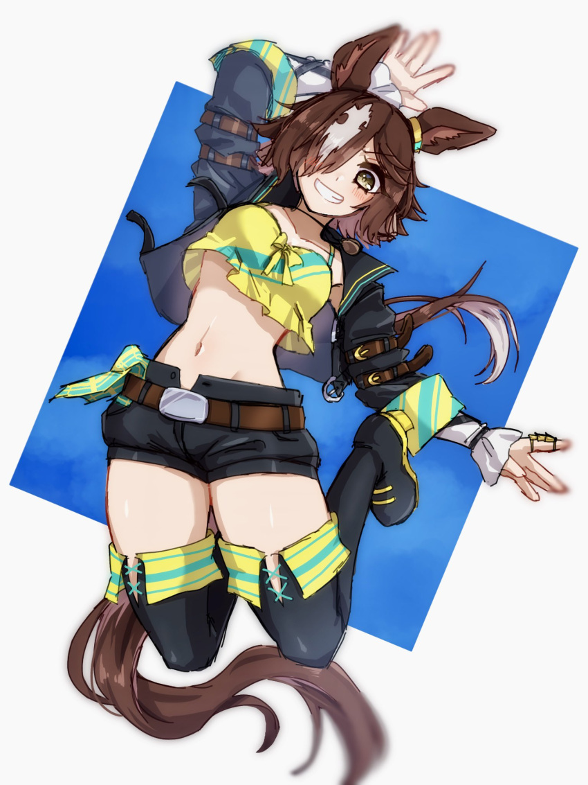 1girl :d animal_ears arm_up belt black_footwear black_jacket black_shorts boots brown_eyes collarbone full_body grin hair_over_one_eye hide_oo highres horse_ears horse_girl horse_tail jacket jumping long_hair long_sleeves looking_at_viewer midriff navel open_clothes open_jacket ponytail shirt shorts smile solo stomach stopwatch_around_neck tail teeth thigh_boots umamusume v-shaped_eyebrows vodka_(umamusume) white_background yellow_shirt
