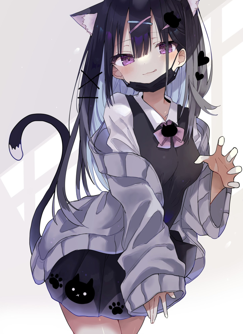1girl :q animal_ear_fluff animal_ears black_skirt black_surgical_mask black_vest breasts cardigan cat_ears cat_girl cat_tail claw_pose extra_ears highres long_hair long_sleeves looking_at_viewer mask mask_pull miniskirt mouth_mask off_shoulder open_cardigan open_clothes original shirt skirt sleeves_past_wrists suisei_1121 surgical_mask tail tongue tongue_out vest violet_eyes white_shirt
