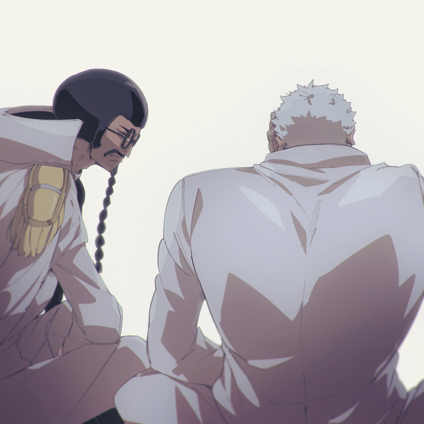 2boys beard black_hair closed_mouth coat coat_on_shoulders facial_hair formal glass grey_hair hand_on_own_face highres jacket male_focus monkey_d._garp multiple_boys musical_note old old_man one_piece ovasayuri pants sengoku_(one_piece) short_hair simple_background sitting suit twitter_username watermark white_background white_jacket white_pants white_suit