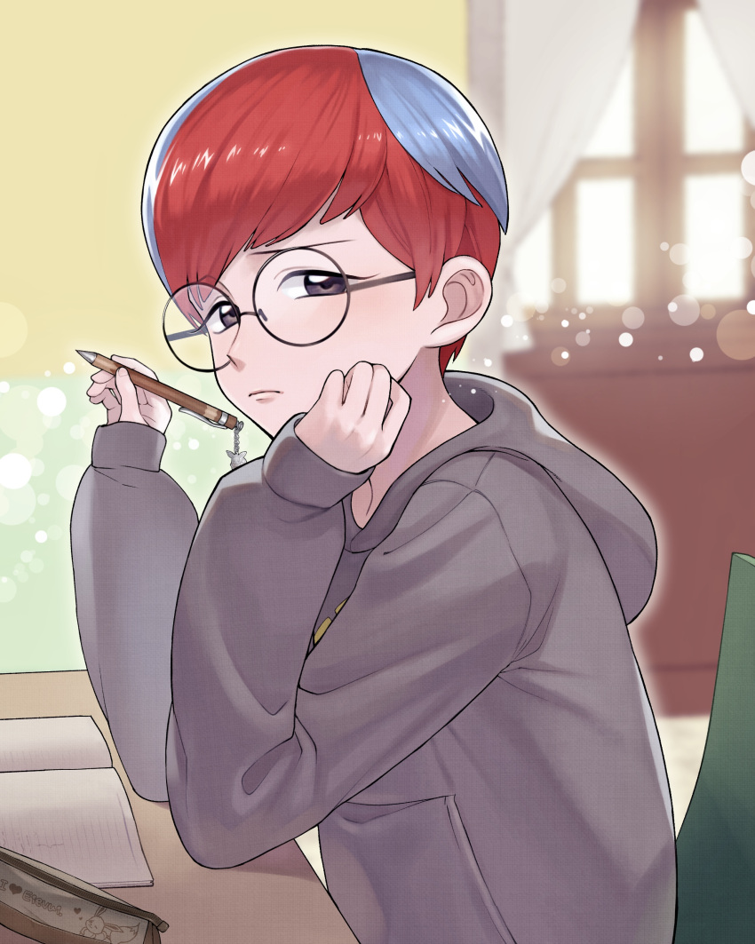 1girl absurdres bangs blue_hair book closed_mouth commentary_request curtains desk from_side glasses hands_up highres holding holding_pen hood hood_down hoodie indoors long_sleeves looking_at_viewer multicolored_hair pen pencil_case penny_(pokemon) pokemon pokemon_(game) pokemon_sv redhead round_eyewear ryo_(tmsm7885) short_hair sitting sleeves_past_wrists solo two-tone_hair