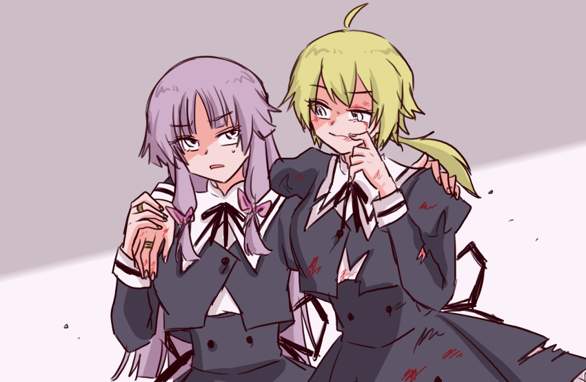 2girls ahoge amano_soraha assault_lily bangs banshouya_ena black_ribbon black_skirt blonde_hair blood blood_on_clothes blood_on_face blood_on_hands blunt_bangs blunt_ends bow buttons closed_mouth cowboy_shot cropped_jacket finger_to_mouth grey_background hair_bow hand_on_another's_shoulder hands_up high-waist_skirt highres holding_hands jewelry juliet_sleeves long_hair long_sleeves looking_at_another looking_away looking_to_the_side looking_up low_ponytail multiple_girls neck_ribbon parted_lips pink_bow puffy_sleeves purple_hair ribbon ring school_uniform shirt side-by-side sideways_glance skirt standing sweatdrop torn_clothes torn_skirt torn_sleeves very_long_hair white_eyes white_shirt yamada_(ymdgrak) yurigaoka_girls_academy_school_uniform