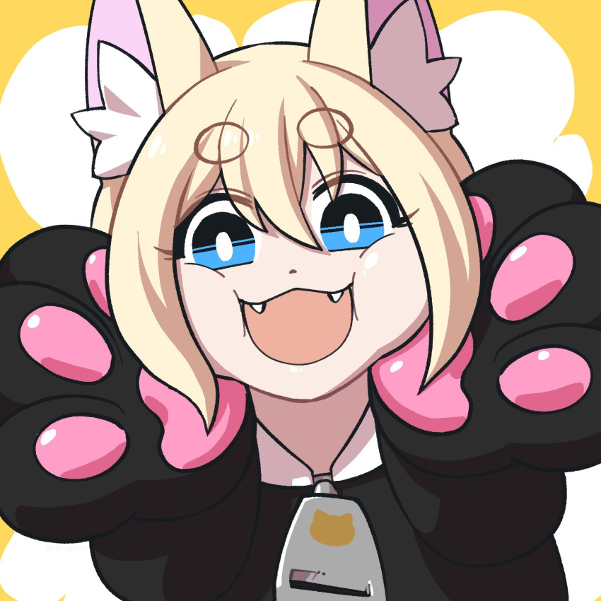 1girl animal_ear_fluff animal_ears animal_hands animal_print bangs blonde_hair blue_eyes bright_pupils cat_ears cat_girl cat_print cheek_squash clip_studio_paint_(medium) commentary commission english_commentary fangs gloves hair_between_eyes highres open_mouth original oversized_zipper paw_gloves solo vibrantrida