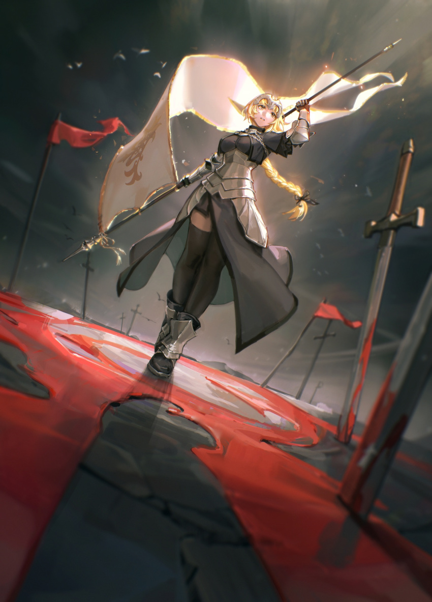 1girl armor banner bird black_thighhighs blonde_hair blood_on_ground breasts chain fate/grand_order fate_(series) faulds flag gauntlets headpiece highres holding holding_flag jeanne_d'arc_(fate) jeanne_d'arc_(ruler)_(fate) large_breasts limart long_hair looking_up open_mouth planted planted_sword simple_background sword thigh-highs weapon
