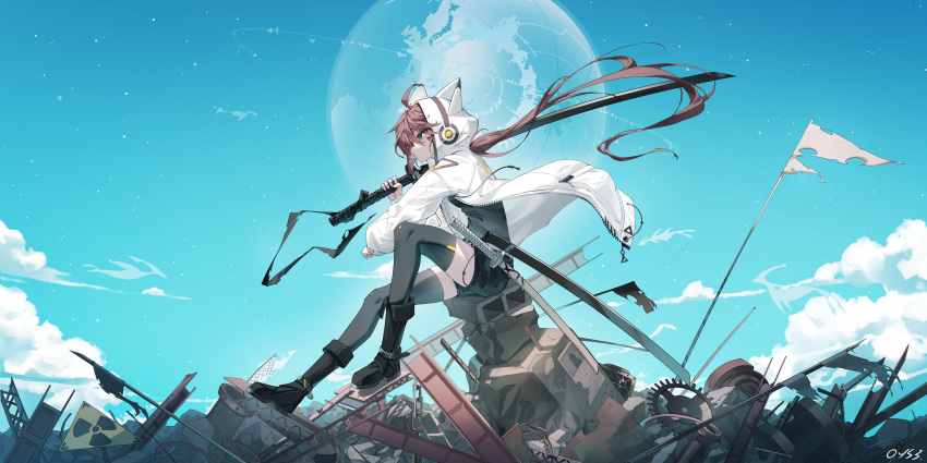 1girl animal_ears animal_hood black_footwear black_shirt black_shorts black_thighhighs blue_sky boots breasts brown_hair clouds commentary_request day debris fake_animal_ears flower gears highres holding holding_sword holding_weapon hood hood_up hooded_jacket jacket katana long_hair long_sleeves low_ponytail medium_breasts original outdoors ponytail profile puffy_long_sleeves puffy_sleeves qian_ye_(qys3) qys3 radiation_symbol sheath sheathed shirt short_shorts shorts sign signature sitting sky solo sword thigh-highs thighhighs_under_boots torn_flag very_long_hair weapon white_flower white_jacket