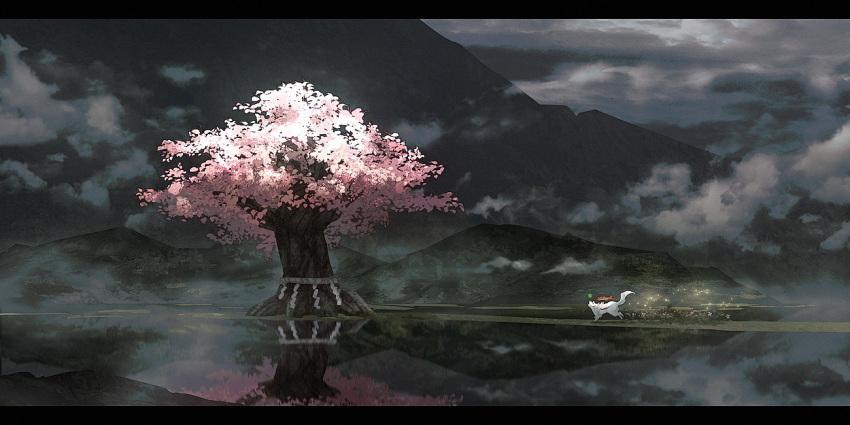 amaterasu_(ookami) animal_focus cherry_blossoms clouds flower fog issun light_particles mountain ookami_(game) petals reflection reflective_water running scenery toruglose tree water white_fur wolf