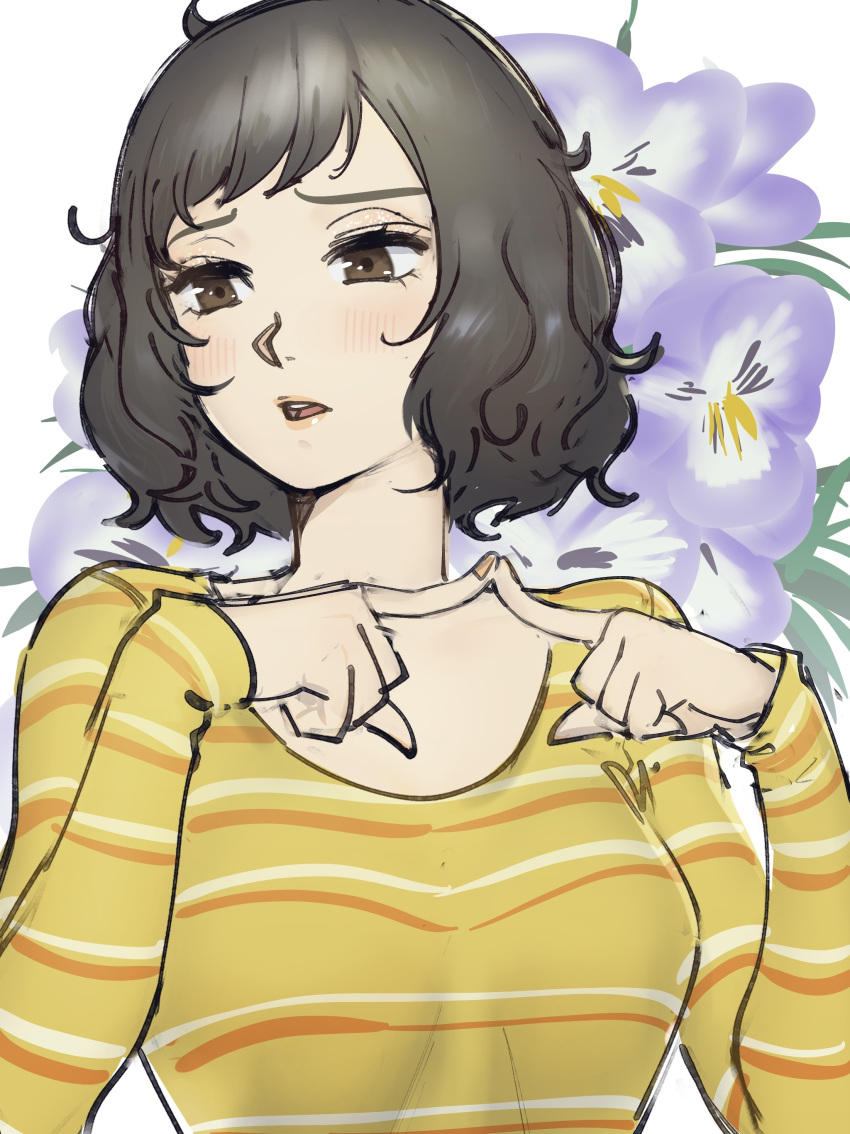 1girl absurdres bangs black_hair blush breasts brown_eyes collarbone floral_background flower furrowed_brow highres index_fingers_together kawakami_sadayo looking_away medium_breasts open_mouth persona persona_5 poechan_chan shirt short_hair sketch solo striped striped_shirt yellow_shirt