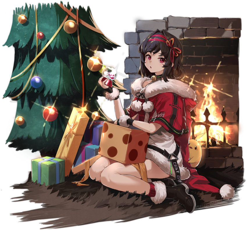 1girl azur_lane black_footwear black_gloves black_hair boots christmas_tree cooper_(azur_lane) cooper_(heartwarming_holiday_hearth)_(azur_lane) eagle_union_(emblem) fingerless_gloves fire fireplace fur-trimmed_boots fur-trimmed_gloves fur_trim gift gloves hair_ribbon highres holding manjuu_(azur_lane) medium_hair official_alternate_costume official_art red_eyes ribbon shisantian snow_globe solo