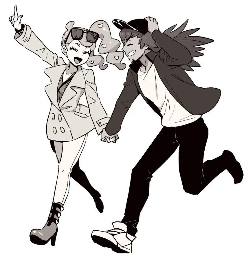 1boy 1girl alternate_costume bad_id bad_twitter_id baseball_cap boots closed_eyes coat dede_(qwea_00000) eyewear_on_head facial_hair full_body hair_ornament hand_on_headwear hat heart heart_hair_ornament holding_hands leon_(pokemon) open_mouth pointing pokemon pokemon_(game) pokemon_swsh side_ponytail simple_background smile sonia_(pokemon) white_background