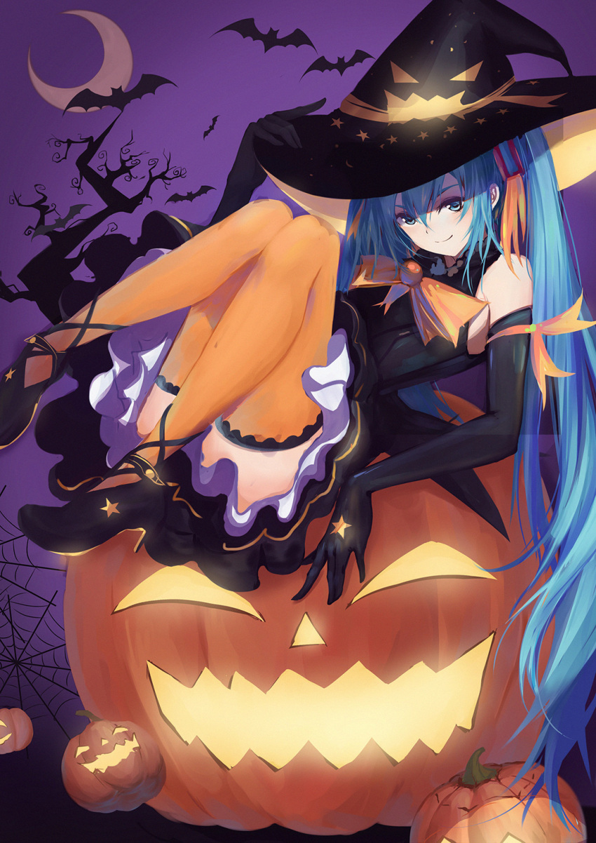 1girl aqua_eyes aqua_hair bat_(animal) black_gloves commentary_request crescent_moon dress elbow_gloves full_body gloves halloween hat hatsune_miku high_heels highres jack-o'-lantern long_hair looking_at_viewer moon night orange_thighhighs solo tenmoon thigh-highs tree twintails very_long_hair vocaloid witch_hat