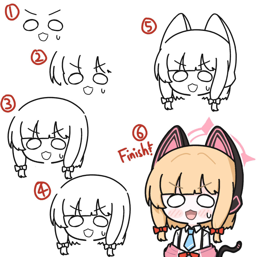 1girl :3 :d animal_ear_headphones animal_ears bangs blonde_hair blue_archive blue_necktie blunt_bangs blush blush_stickers bow chibi collared_shirt commentary english_commentary fake_animal_ears hair_bow halo headphones highres how_to jacket jn_7_3 lineart long_sleeves low_twintails momoi_(blue_archive) multiple_views necktie o_o off_shoulder pink_jacket red_bow shirt short_twintails simple_background smile suspenders sweatdrop twintails v-shaped_eyebrows white_background white_shirt wing_collar