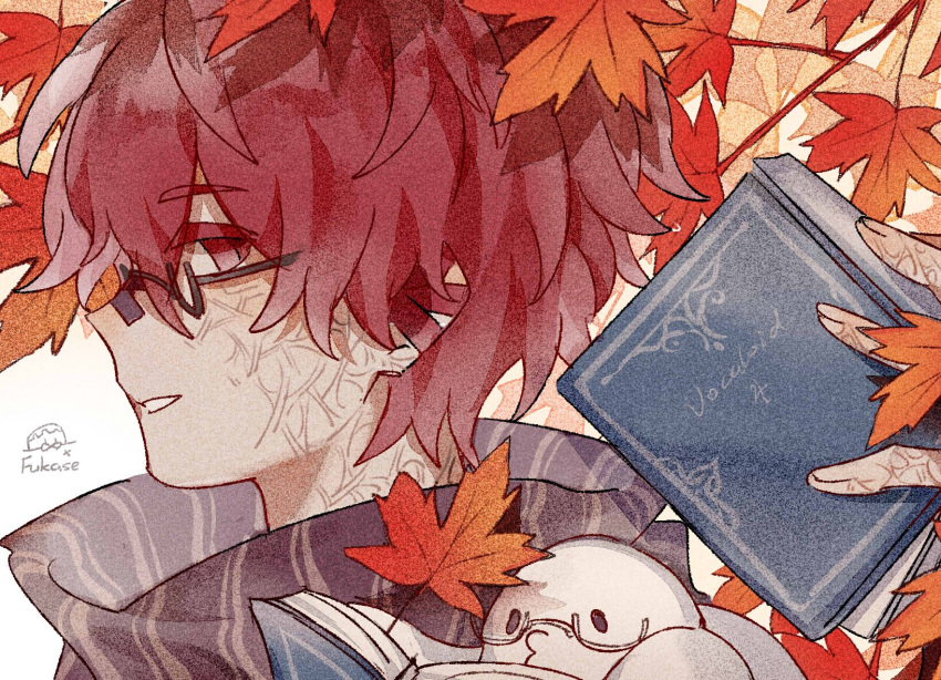 1boy akiyo_(lifetimes) autumn bespectacled book from_side fukase glasses highres holding holding_book leaf looking_at_viewer male_focus maple_leaf point_(vocaloid) red_eyes redhead scarf semi-rimless_eyewear solo vocaloid
