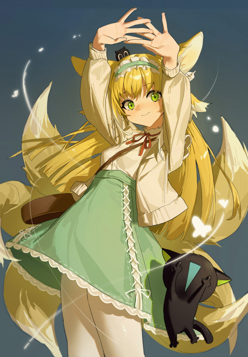 1girl absurdres animal_ears arknights arms_up bag bangs black_cat blonde_hair blue_hairband brown_cardigan brown_shirt cardigan cat closed_mouth commentary_request cowboy_shot fox_ears fox_tail frilled_hairband frills green_eyes green_skirt hairband heixiu highres kitsune long_hair long_sleeves looking_at_viewer luoxiaohei multiple_tails neck_ribbon on_head open_cardigan open_clothes pantyhose red_ribbon ribbon shirt shoulder_bag skirt smile stretching suzuran_(arknights) suzuran_(spring_praise)_(arknights) tail the_legend_of_luo_xiaohei white_pantyhose zhoi_star