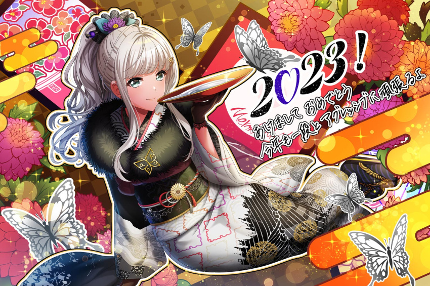 blue_eyes d4dj dark_skin grey_hair kimono long_hair matsuyama_dalia ponytail smile