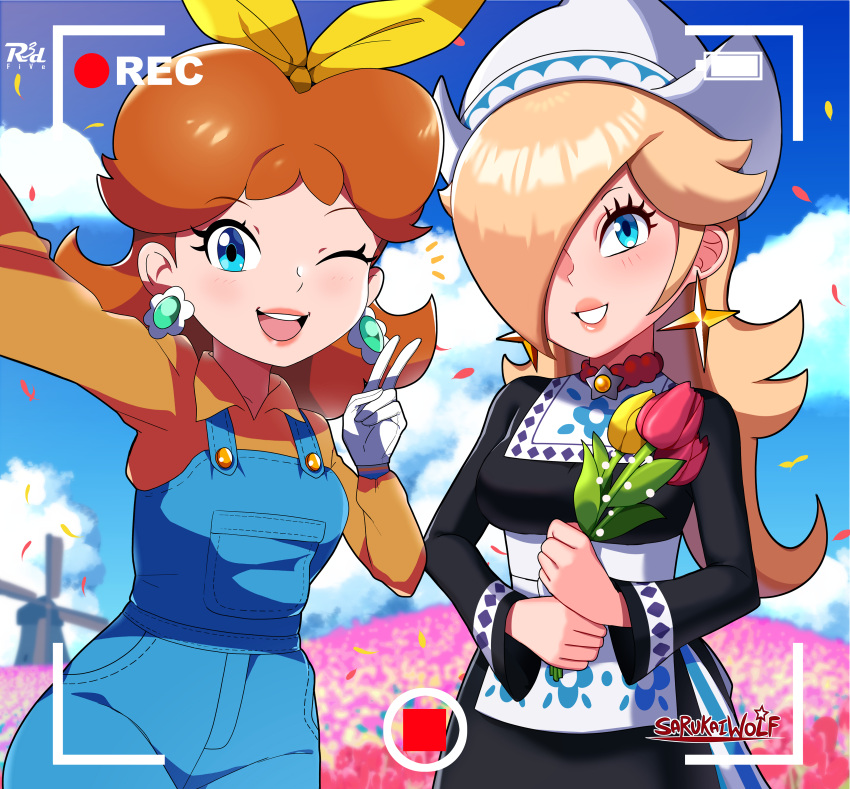 2girls absurdres apron arm_up artist_name bangs battery_indicator black_dress blonde_hair blue_eyes blue_overalls blue_sky blurry blurry_background blush breasts brooch brown_hair buttons clouds collaboration collared_shirt commentary cowboy_shot day dress earrings english_commentary falling_petals field floral_print flower flower_earrings flower_field gem gloves green_gemstone grin hair_over_one_eye hair_ribbon hand_up hands_up happy head_scarf highres holding holding_flower jewelry lips lipstick long_hair long_sleeves looking_at_viewer makeup mario_kart mario_kart_tour medium_breasts medium_hair multiple_girls notice_lines official_alternate_costume one_eye_closed one_eye_covered open_mouth orange_gemstone orange_shirt outdoors outstretched_arm overalls own_hands_together petals pink_flower pocket princess_daisy r3dfive recording red_flower red_tulip ribbon rosalina sarukaiwolf selfie shirt sidelocks signature sky smile standing star_(symbol) star_earrings super_mario_bros. teeth tulip viewfinder waist_apron watermark white_apron white_gloves white_headwear windmill yellow_flower yellow_ribbon yellow_tulip