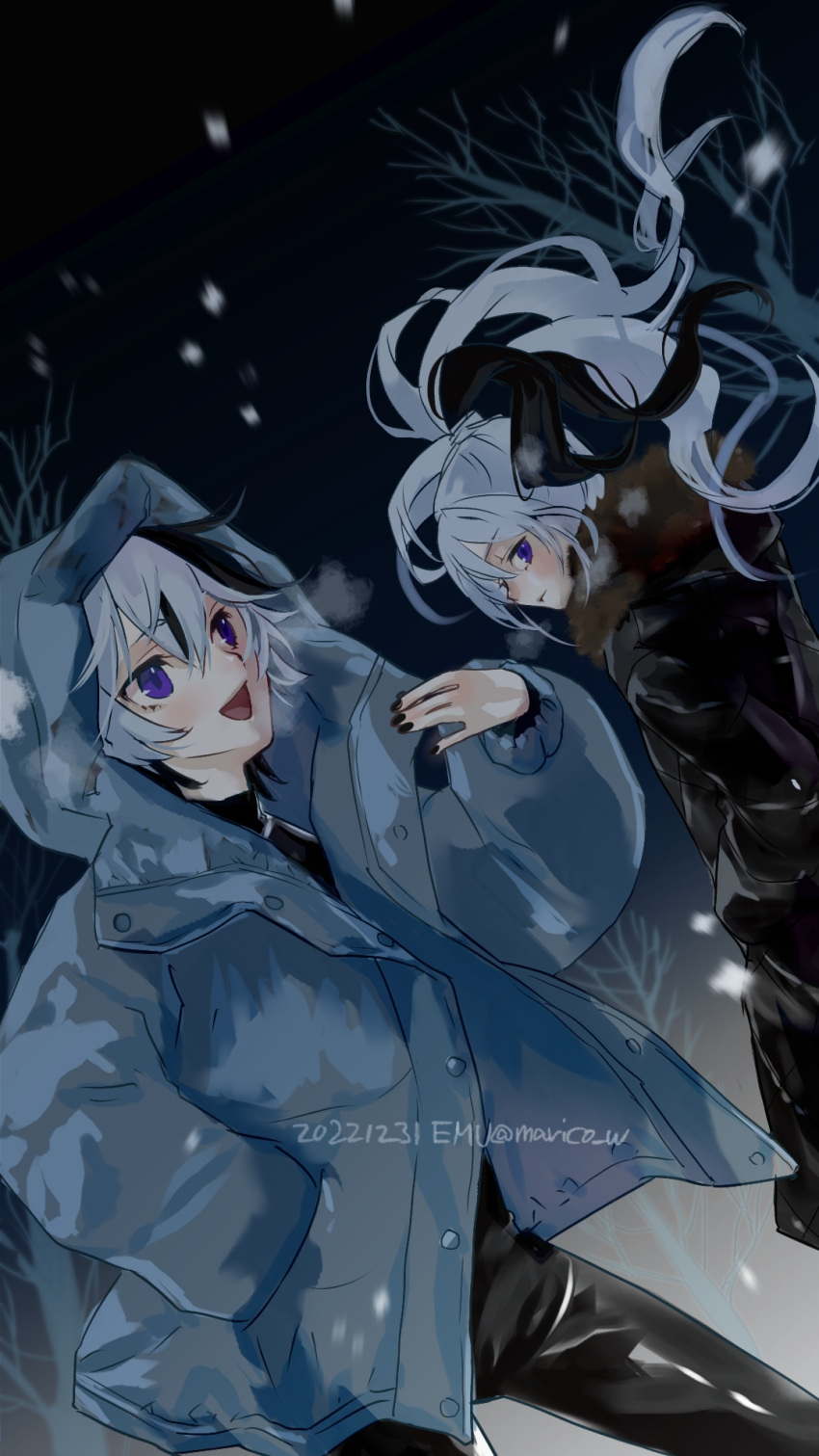 2girls artist_name black_hair black_nails breath commentary_request down_jacket dual_persona emu_(marico_w) flower_(vocaloid) flower_(vocaloid3) flower_(vocaloid4) highres hood hooded_jacket jacket long_hair multicolored_hair multiple_girls nail_polish short_hair smile snowing two-tone_hair violet_eyes vocaloid white_hair