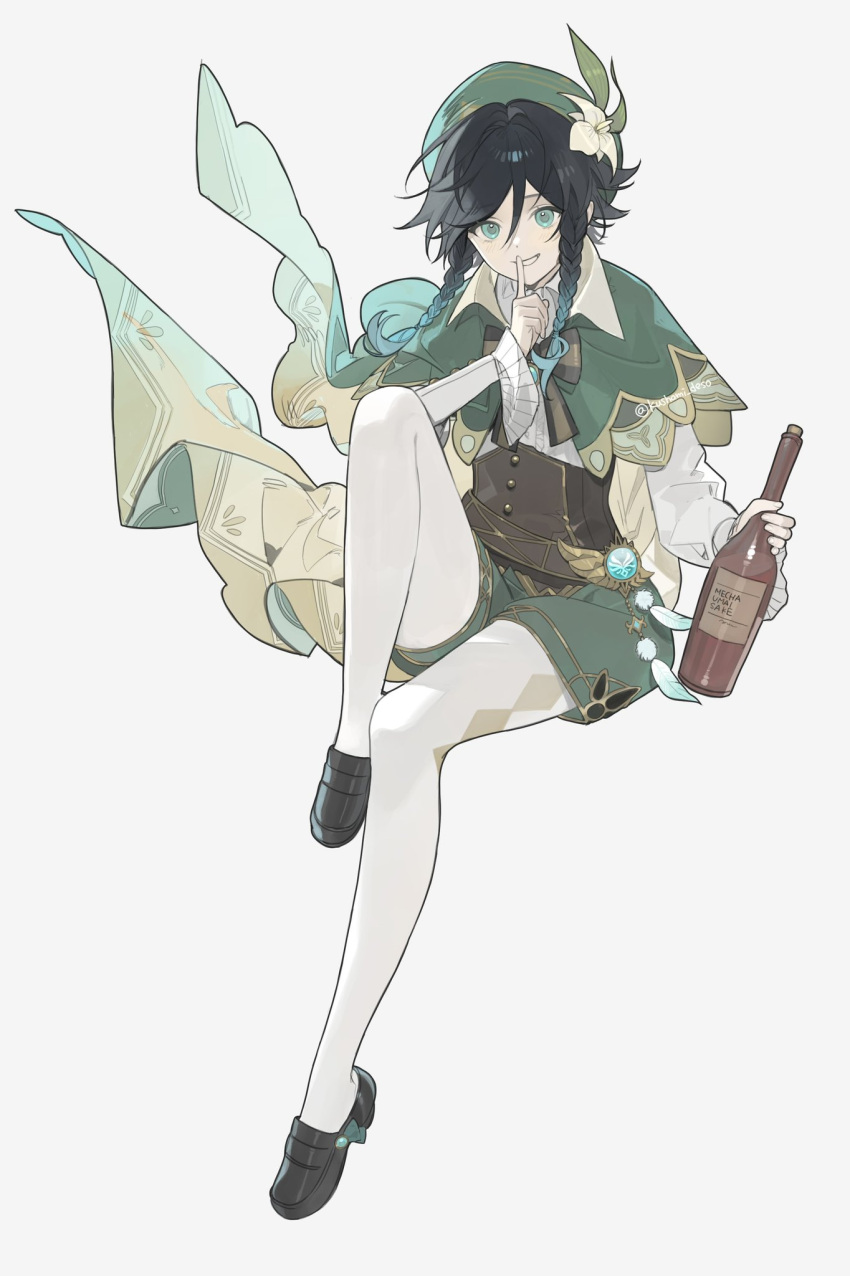 1boy alcohol androgynous aqua_hair argyle argyle_legwear bard beret black_hair bottle braid cape collared_cape corset finger_to_mouth flower frilled_sleeves frills genshin_impact gradient_hair green_cape green_eyes green_headwear green_shorts hair_flower hair_ornament hat hat_flower highres holding holding_bottle kushami_deso loafers looking_at_viewer multicolored_hair pantyhose shirt shoes short_hair_with_long_locks shorts shushing sitting twin_braids venti_(genshin_impact) vision_(genshin_impact) white_flower white_shirt wine_bottle