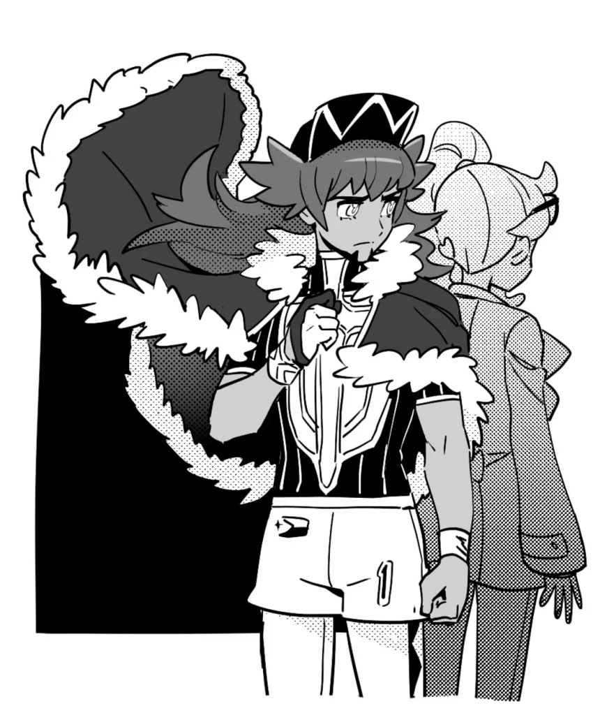 1boy 1girl back-to-back bad_id bad_twitter_id baseball_cap cape champion_uniform coat cowboy_shot dede_(qwea_00000) dynamax_band eyewear_on_head facial_hair fur-trimmed_cape fur_trim gloves greyscale hat highres leon_(pokemon) looking_at_another looking_back monochrome pokemon pokemon_(game) pokemon_swsh side_ponytail single_glove sonia_(pokemon) standing