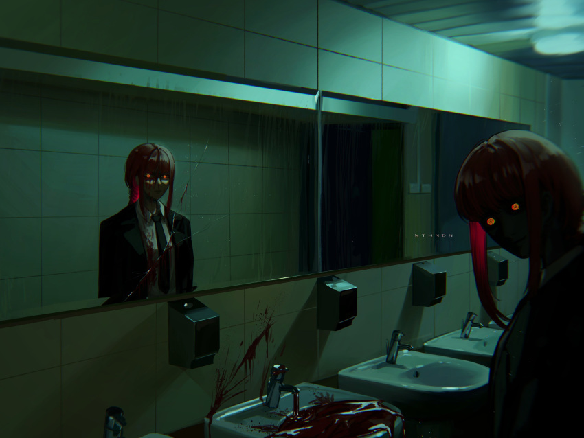1girl absurdres bangs bathroom black_jacket black_necktie blood blood_on_clothes blood_on_wall braid braided_ponytail chainsaw_man collared_shirt cracked_glass dark different_reflection eyes_in_shadow formal highres horror_(theme) jacket looking_at_another looking_at_viewer looking_to_the_side makima_(chainsaw_man) medium_hair mirror necktie nthndn redhead reflection ringed_eyes shirt sidelocks solo suit suit_jacket tile_wall tiles white_shirt yellow_eyes