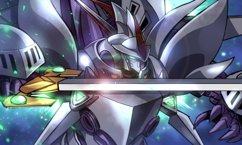 cybuster glowing glowing_eyes highres holding holding_sword holding_weapon jazz_jack lens_flare mecha no_humans robot super_robot_wars super_robot_wars_the_lord_of_elemental sword weapon