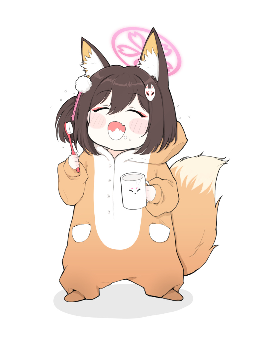 1girl animal_ear_fluff animal_ears blue_archive brown_hair closed_eyes cup eyeshadow fox_ears fox_girl fox_hair_ornament fox_tail full_body hair_ornament halo highres holding holding_cup holding_toothbrush izuna_(blue_archive) makeup onesie pom_pom_(clothes) pom_pom_hair_ornament red_eyeshadow short_hair standing tail toothbrush white_background yosik