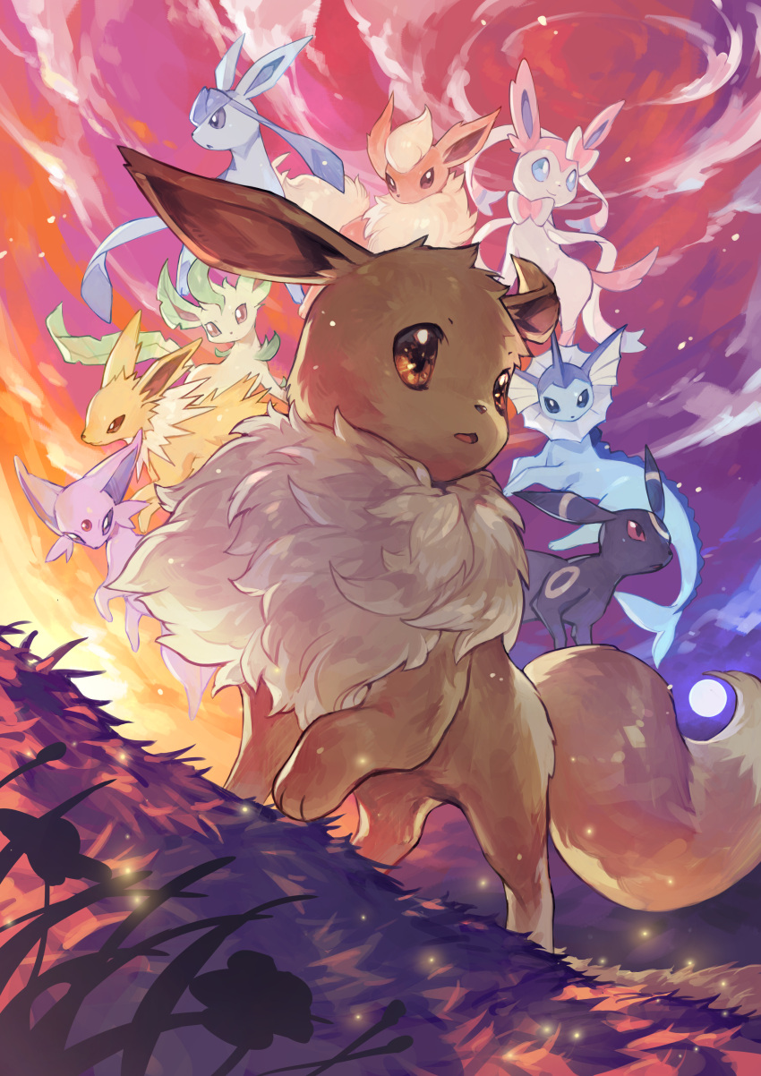 absurdres animal_focus backlighting brown_eyes clouds commentary_request dutch_angle eevee espeon evolutionary_line flareon fluffy full_body fur_collar glaceon gradient_sky highres jolteon leafeon leg_up looking_to_the_side no_humans open_mouth outdoors pokemon pokemon_(creature) sky solo_focus standing sunset sylveon tapioka_chaso umbreon vaporeon