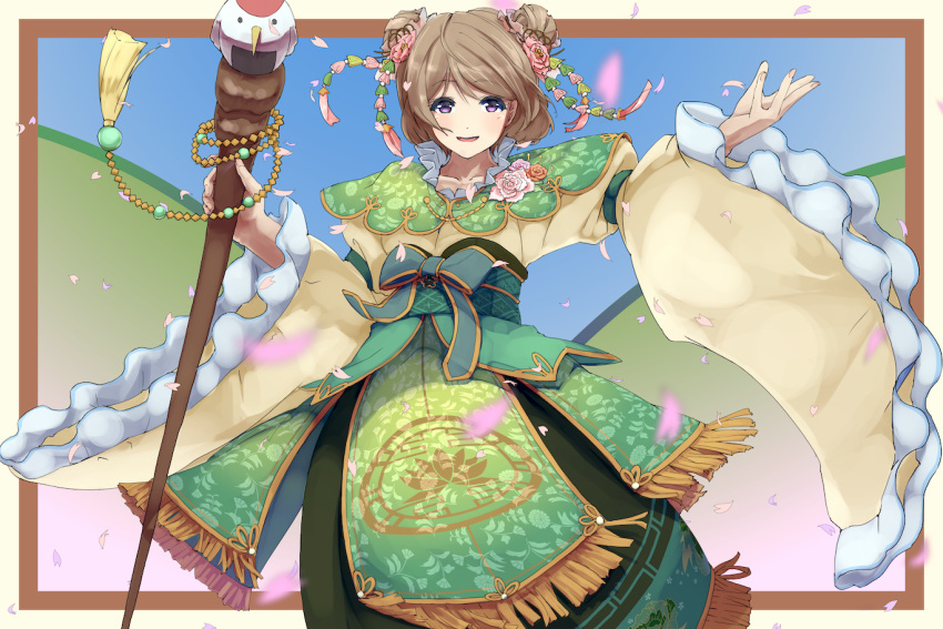 ajapar bird brown_hair capelet double_bun dress facing_viewer falling_petals floral_print flower frills green_dress hair_bun hair_flower hair_ornament hand_up holding holding_staff koizumi_hanayo long_sleeves love_live! love_live!_school_idol_festival obi_bow open_mouth petals smile staff statue violet_eyes wide_sleeves
