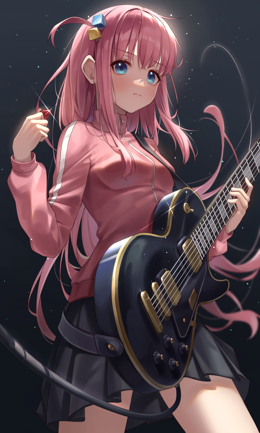 1girl absurdres akgrn bangs black_skirt blue_eyes blush bocchi_the_rock! cable closed_mouth commentary_request cowboy_shot cube_hair_ornament electric_guitar gibson_les_paul glint gotou_hitori guitar hair_ornament hand_up highres holding holding_instrument holding_plectrum instrument jacket light_frown long_hair long_sleeves one_side_up pink_hair pink_jacket pleated_skirt plectrum simple_background skirt solo track_jacket