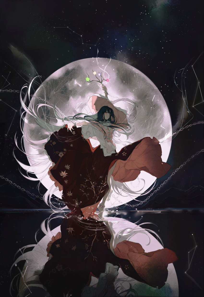 1girl absurdres barefoot black_hair blush branch brown_eyes chain closed_mouth constellation cuffs floating_hair full_body full_moon gu_yue_yuan highres houraisan_kaguya jeweled_branch_of_hourai long_hair long_skirt long_sleeves moon pink_shirt red_skirt reflection reflective_water shirt skirt smile solo touhou wide_sleeves