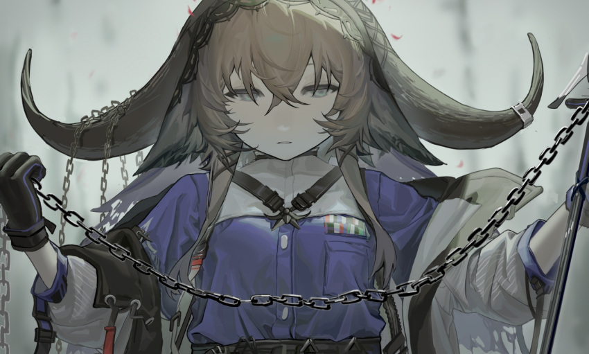 1girl animal_ears arknights bangs black_gloves brown_hair chain chinese_commentary cow_ears cow_girl cow_horns cpace gloves green_eyes hair_between_eyes holding holding_chain horns long_hair looking_at_viewer pallas_(arknights) petals solo