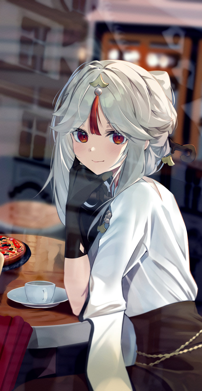 1girl absurdres alternate_costume bangs black_gloves brown_skirt cake closed_mouth cup food from_outside from_side genshin_impact gloves grey_hair hair_ornament hair_stick hand_on_own_chin highres indoors long_hair long_sleeves looking_at_viewer looking_outside looking_to_the_side ningguang_(genshin_impact) parted_bangs red_eyes reflection saucer shirt sitting skirt smile solo suzu_(user_kdex8732) table teacup white_shirt wide_sleeves window