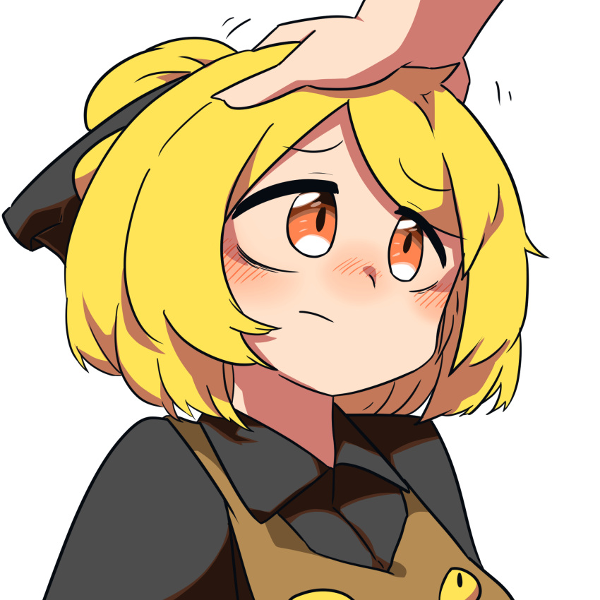 1girl 1other bangs black_bow black_shirt blonde_hair blush bow brown_dress brown_eyes closed_mouth collared_shirt commentary_request dress extra_eyes frown hair_bow hair_bun headpat highres kurodani_yamame pinafore_dress rinyamame shirt short_hair simple_background solo_focus touhou upper_body white_background