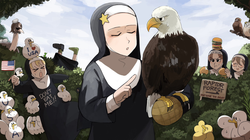 &gt;_&lt; 5girls :o american_flag animal_on_arm bird bird_on_arm blonde_hair body_writing brown_hair burger bush catholic chicken closed_eyes clumsy_nun_(diva) diva_(hyxpk) duck duckling eagle english_commentary food food_on_head froggy_nun_(diva) glasses glasses_nun_(diva) habit highres hungry_nun_(diva) ladle little_nuns_(diva) multiple_girls nun object_on_head ostrich oven_mitts owl round_eyewear scared star_nun_(diva) star_ornament sweat sweating_profusely tree