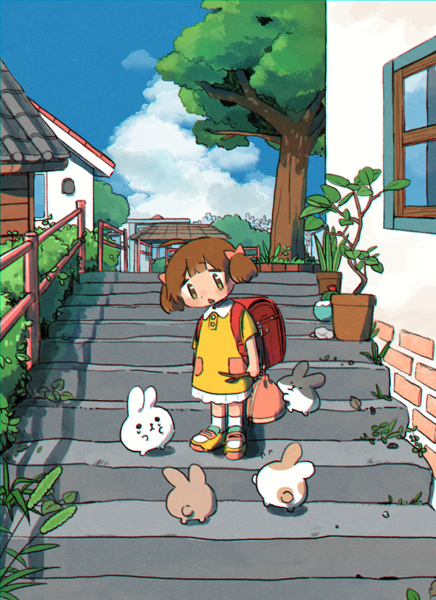 1girl ahoge backpack bag bangs blue_sky brown_eyes brown_hair bush buttons child clouds collared_dress day drawstring_bag dress female_child head_tilt highres house looking_at_animal open_mouth original outdoors pinpon_sakana plant pocket potted_plant rabbit railing randoseru red_bag shoes short_hair short_twintails sky sneakers socks solo stairs standing tree twintails white_socks wide_shot yellow_dress