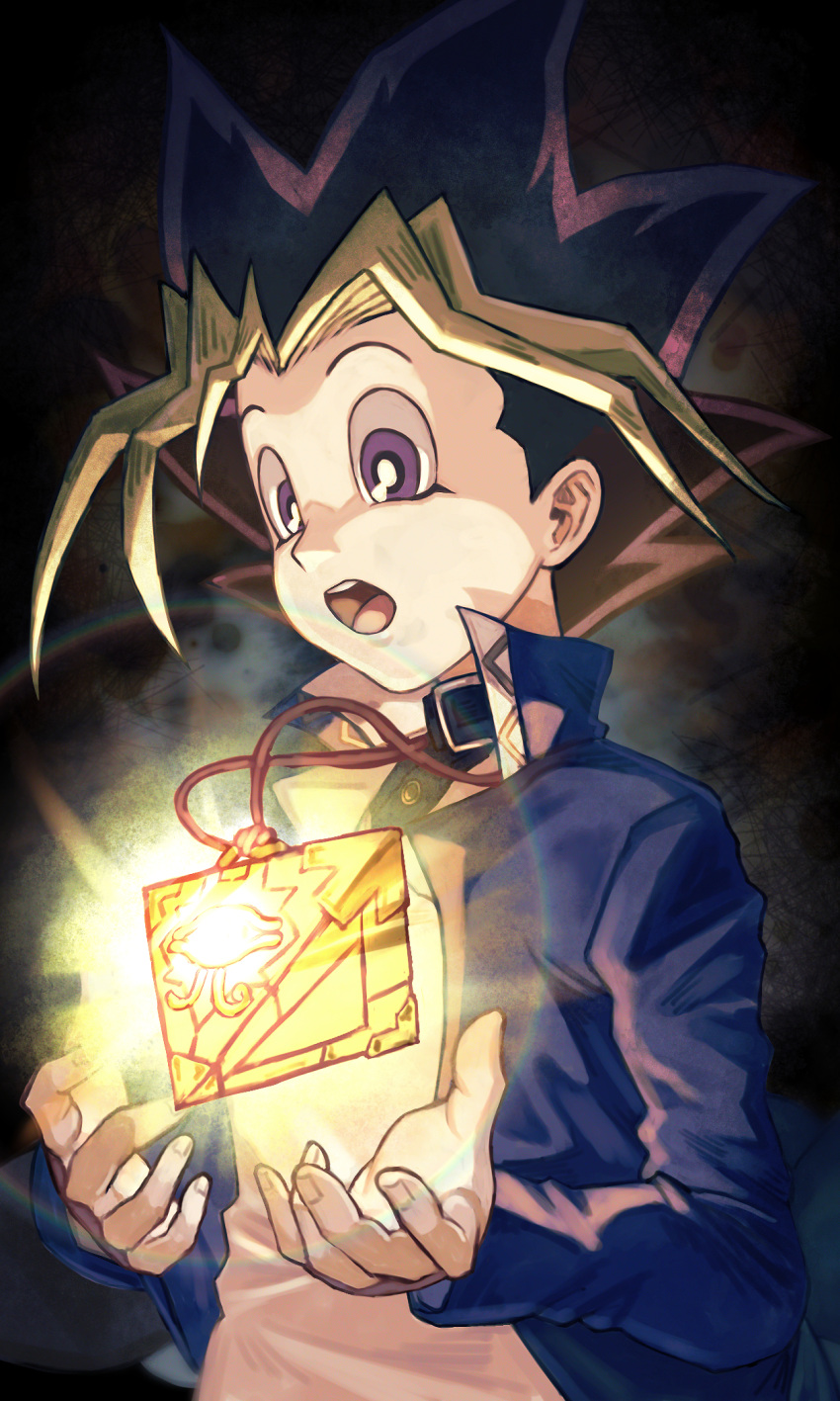 1boy black_hair blonde_hair blue_jacket highres jacket long_sleeves male_focus millennium_puzzle multicolored_hair mutou_yuugi open_clothes open_jacket open_mouth redhead shirt solo teeth tomaton_(t_0) upper_body upper_teeth_only violet_eyes white_shirt yu-gi-oh! yu-gi-oh!_duel_monsters