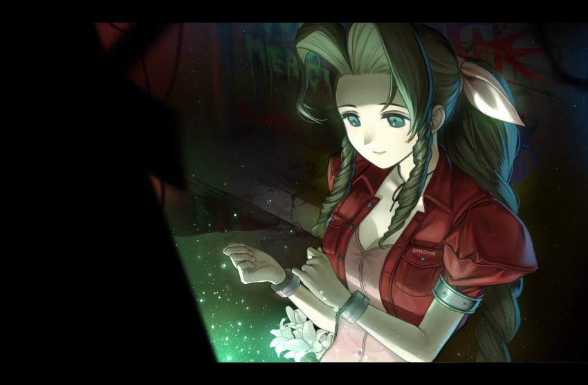1girl aerith_gainsborough braid braided_ponytail brown_hair closed_mouth commentary cropped_jacket dress drill_locks english_commentary final_fantasy final_fantasy_vii flower forehead grey_eyes hair_ribbon highres jacket long_hair maze_draws open_clothes open_jacket pink_dress pink_ribbon pocket red_jacket ribbon short_sleeves sidelocks smile solo twitter_username very_long_hair white_flower
